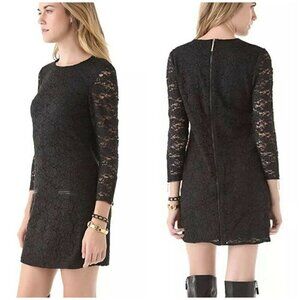 $298 Juicy Couture Sz XS Black Lace Mini Dress Faux Leather Trim Shift Sheath